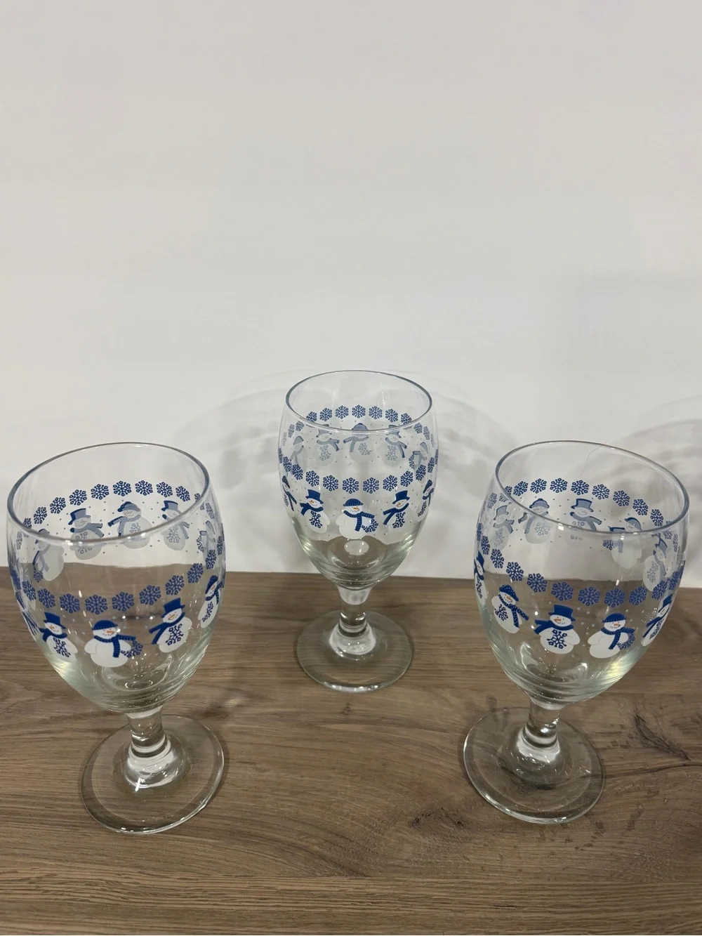 Libbey Blue Snowman Pattern Wine Glasses - Set of 3